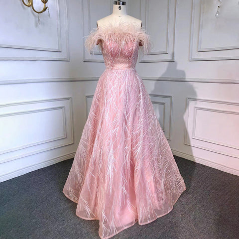 Robe de soirée de luxe rose style arabe, coupe trapèze, col bateau, plumes et perles, pour femme, tenue de mariage, LA71726, 2025 