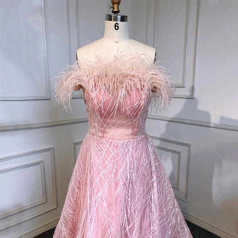 Robe de soirée de luxe rose style arabe, coupe trapèze, col bateau, plumes et perles, pour femme, tenue de mariage, LA71726, 2025 