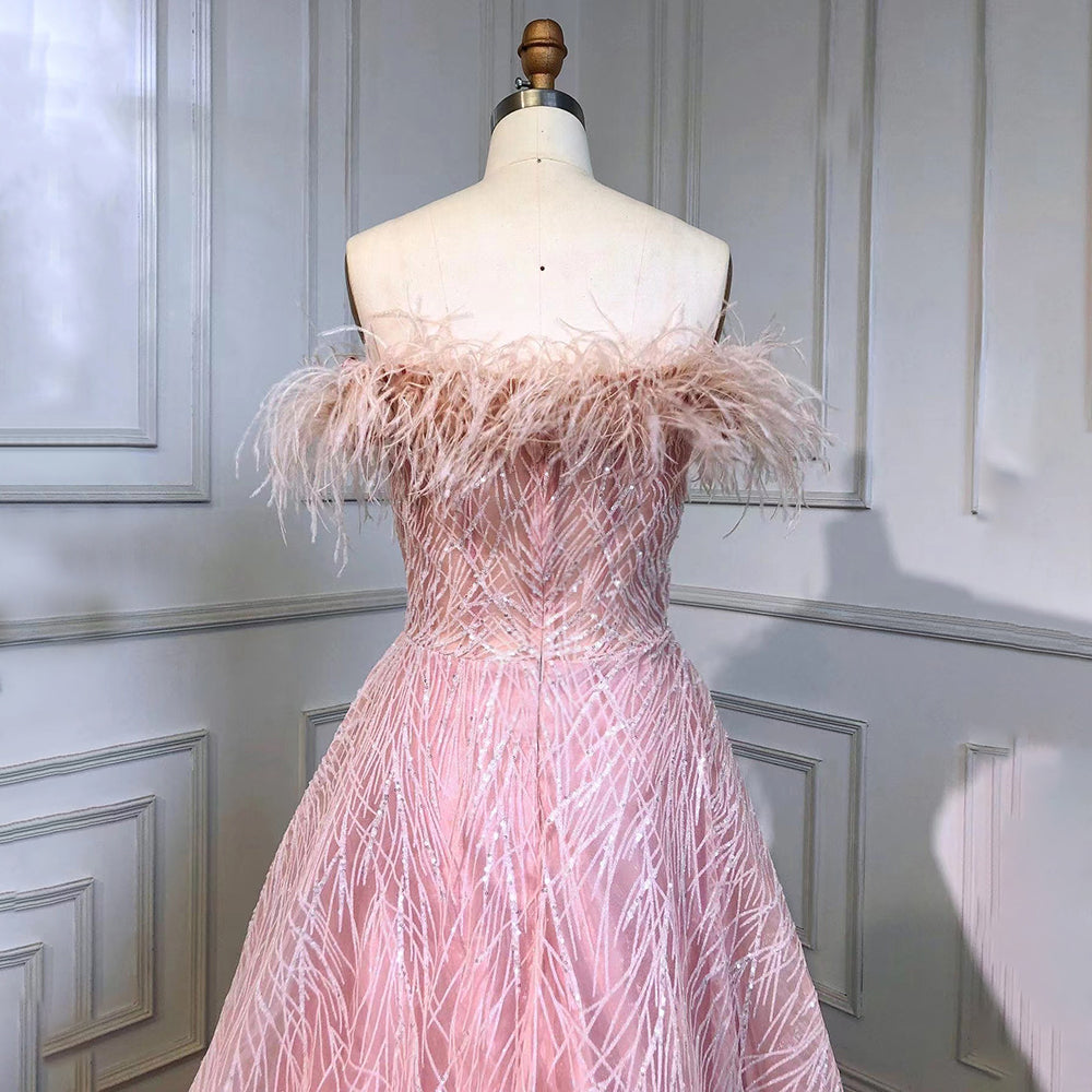 Vestidos de noche de lujo, corte A, sexys, con cuello bajo, plumas y cuentas, estilo árabe, color rosa, para mujer, ideales para bodas y fiestas (LA71726) 