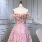 Vestidos de noche de lujo, corte A, sexys, con cuello bajo, plumas y cuentas, estilo árabe, color rosa, para mujer, ideales para bodas y fiestas (LA71726) 
