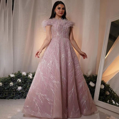 Robe de soirée de luxe rose style arabe, coupe trapèze, col bateau, plumes et perles, pour femme, tenue de mariage, LA71726, 2025 