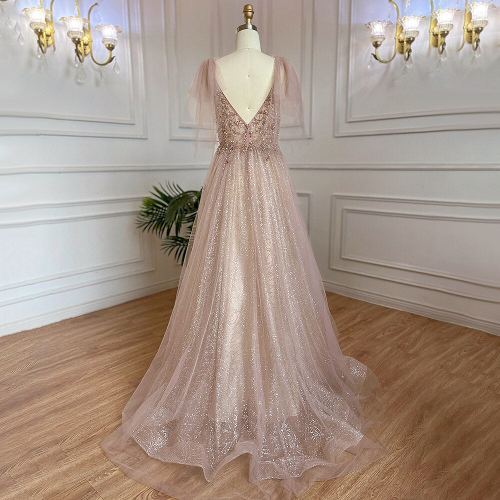 Arabic Pink A-Line Sexy V Neck Beaded Luxury Dubai Long Prom Dress 2025 Gowns For Women Party LA71904