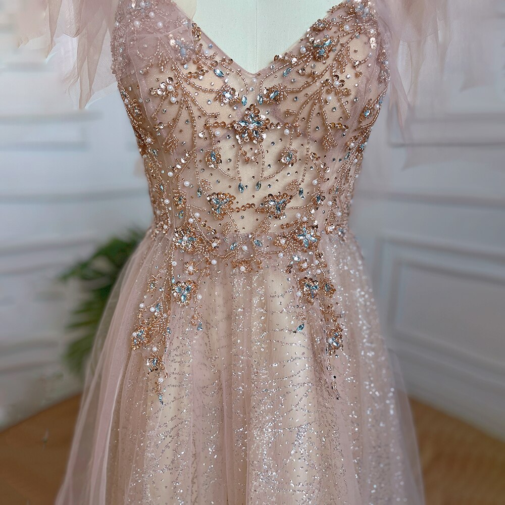 Arabic Pink A-Line Sexy V Neck Beaded Luxury Dubai Long Prom Dress 2025 Gowns For Women Party LA71904