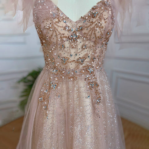 Robe de bal longue rose style arabe, coupe trapèze, sexy, col en V, perles, luxueuse, Dubaï, 2025, pour femmes, LA71904 