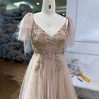 Arabic Pink A-Line Sexy V Neck Beaded Luxury Dubai Long Prom Dress 2025 Gowns For Women Party LA71904