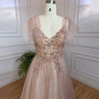 Arabic Pink A-Line Sexy V Neck Beaded Luxury Dubai Long Prom Dress 2025 Gowns For Women Party LA71904