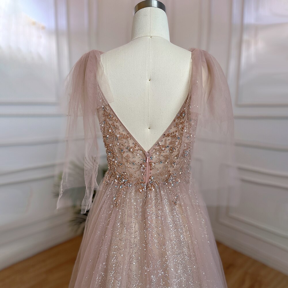 Vestido largo de fiesta de lujo estilo árabe, rosa, corte A, escote en V, con cuentas, escote sexy, estilo Dubai, colección 2025, para mujer, modelo LA71904 