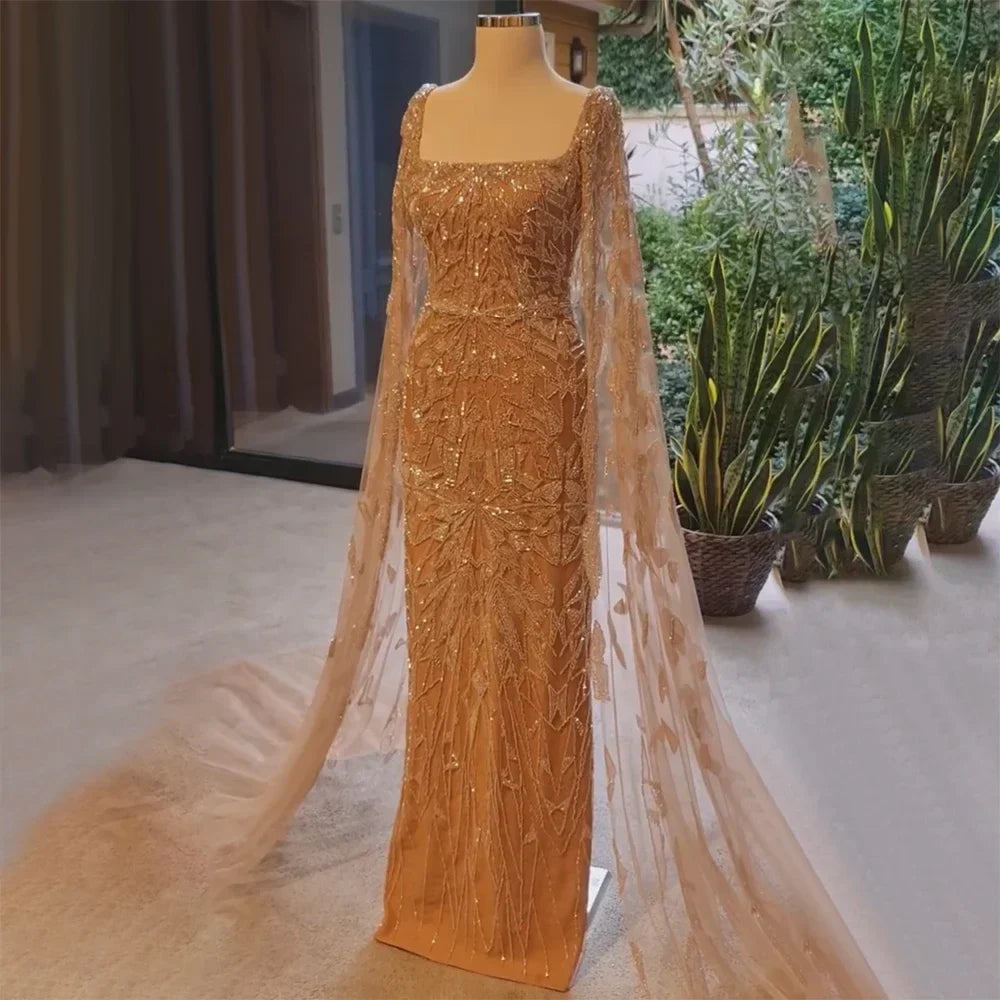Nude Pink Luxury Evening Dresses with Cape Sleeves LA72261