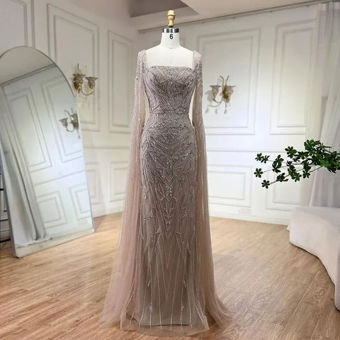 Nude Pink Luxury Evening Dresses with Cape Sleeves LA72261