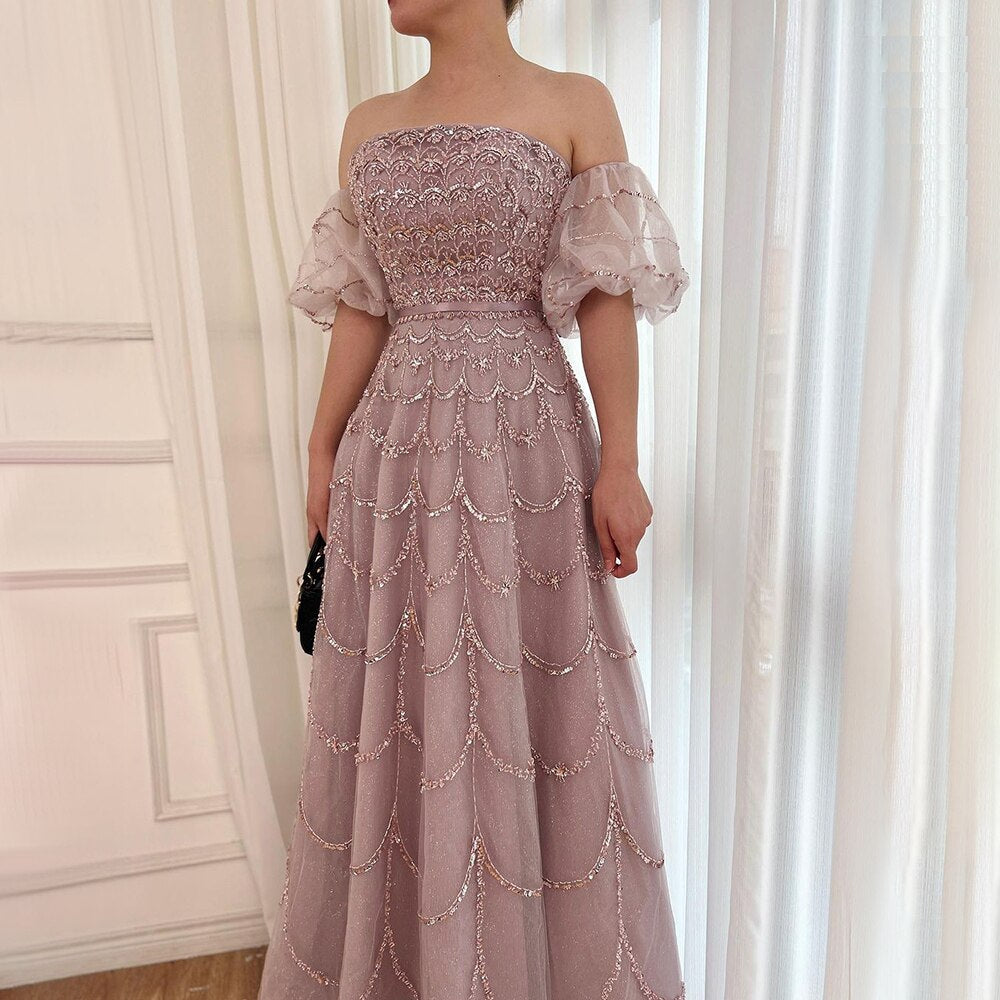 Vestidos de noche largos, elegantes, de sirena, sexis, sin tirantes, con cuentas, color rosa árabe, para mujer, para bodas y fiestas 2025 LA72130 