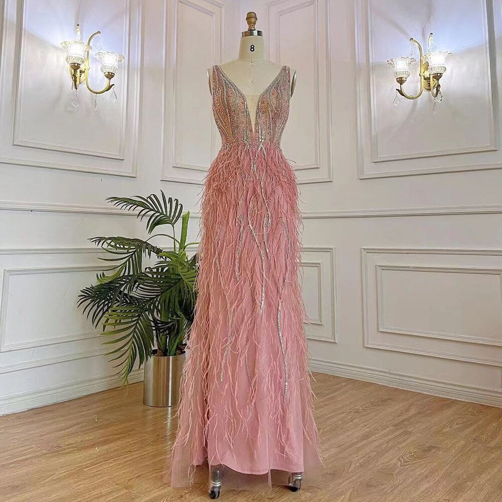 Robe de soirée sirène rose élégante et sexy à col en V, luxueuse, ornée de perles et de plumes, pour femme, modèle 2025, LA71900 