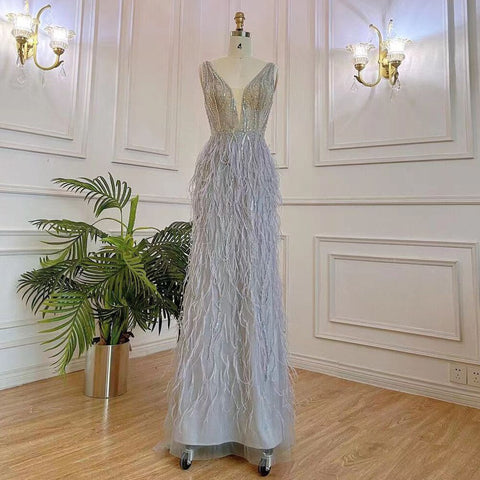 Robe de soirée sirène rose élégante et sexy à col en V, luxueuse, ornée de perles et de plumes, pour femme, modèle 2025, LA71900 