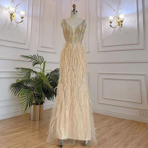 Robe de soirée sirène rose élégante et sexy à col en V, luxueuse, ornée de perles et de plumes, pour femme, modèle 2025, LA71900 