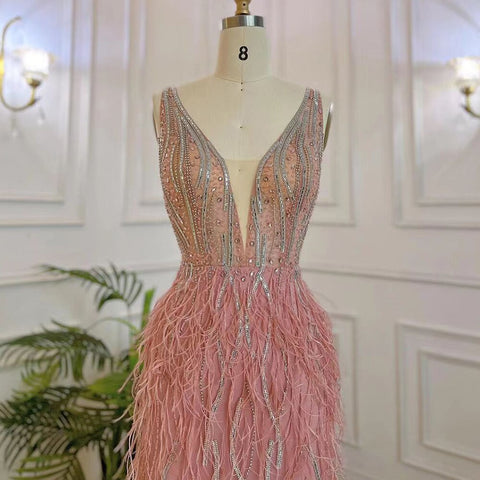 Robe de soirée sirène rose élégante et sexy à col en V, luxueuse, ornée de perles et de plumes, pour femme, modèle 2025, LA71900 