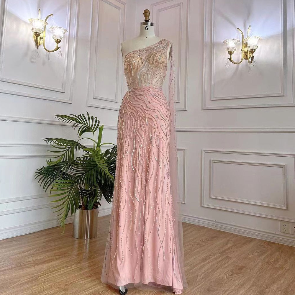 Arabic Pink Mermaid Elegant One Shoulder Beaded Long Evening Dresses Gowns 2025 For Women Party Night LA71901