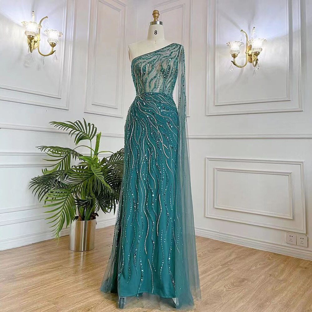 Arabic Pink Mermaid Elegant One Shoulder Beaded Long Evening Dresses Gowns 2025 For Women Party Night LA71901