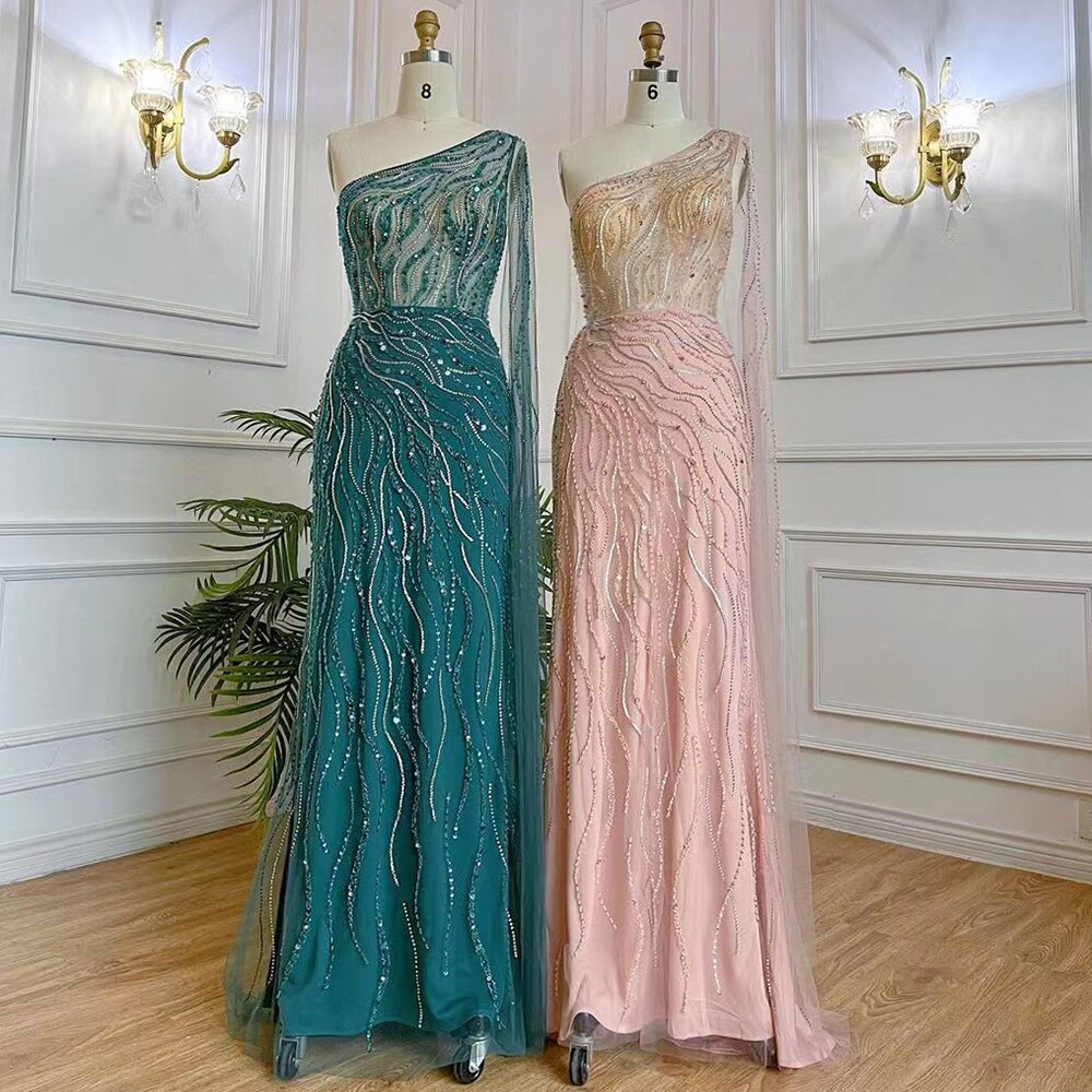 Arabic Pink Mermaid Elegant One Shoulder Beaded Long Evening Dresses Gowns 2025 For Women Party Night LA71901