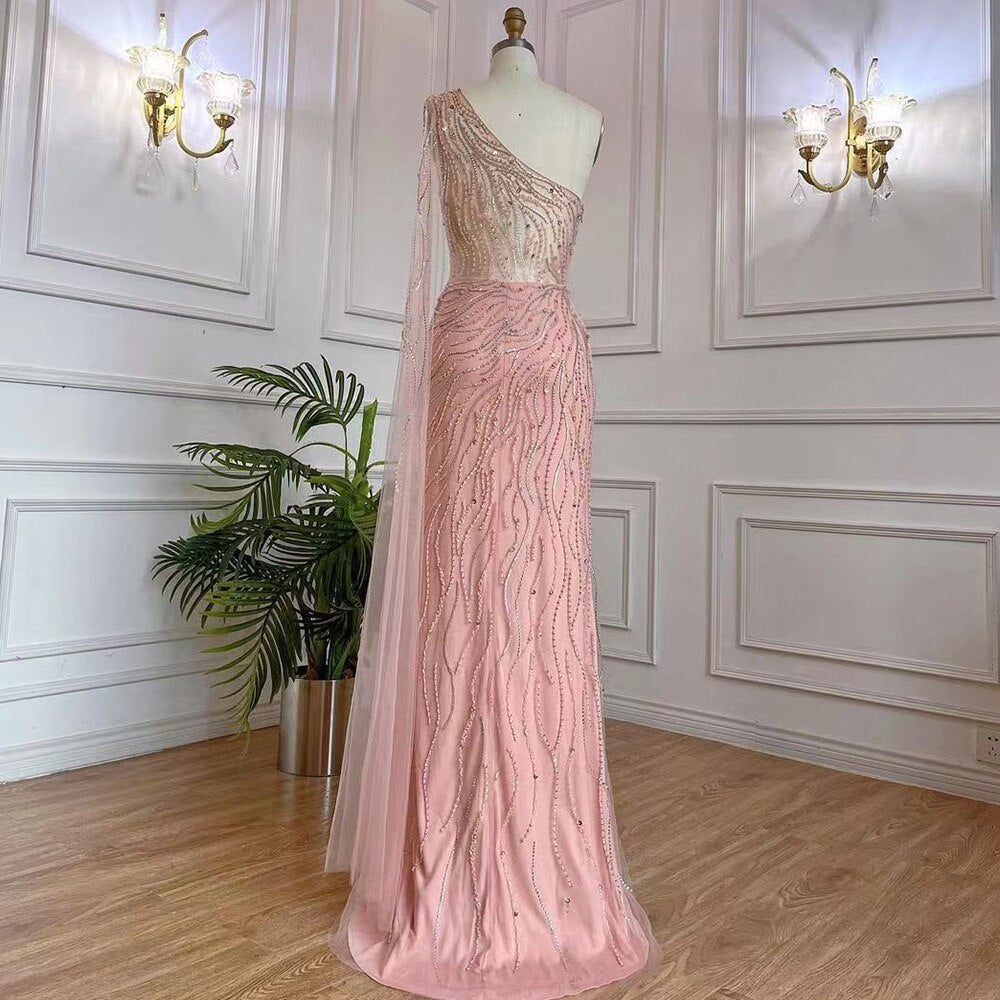 Arabic Pink Mermaid Elegant One Shoulder Beaded Long Evening Dresses Gowns 2025 For Women Party Night LA71901