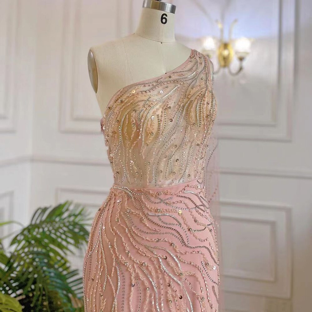 Arabic Pink Mermaid Elegant One Shoulder Beaded Long Evening Dresses Gowns 2025 For Women Party Night LA71901