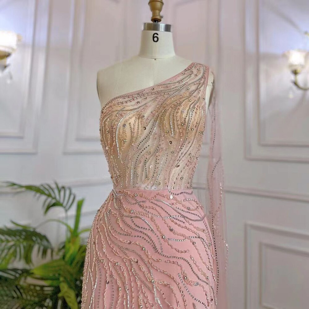 Robe de soirée longue style sirène rose, élégante, asymétrique, perlée, pour femme, tenue de soirée, modèle 2025, LA71901 