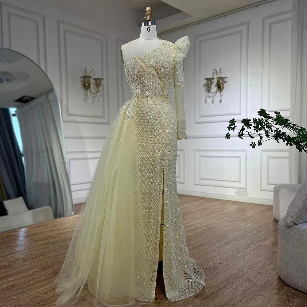 Arabic Pink Mermaid Elegant One Shoulder Beaded Luxury Evening Dresses Gowns For Women Wedding Party 2025 LA72561