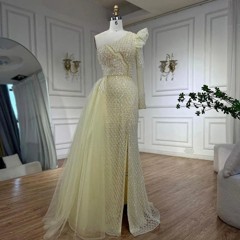 Robe de soirée sirène rose élégante, asymétrique épaule dénudée, perlée, luxueuse, pour femme, tenue de mariage, 2025, LA72561 