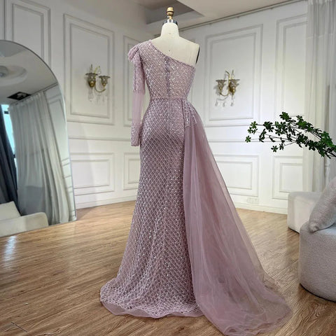 Robe de soirée sirène rose élégante, asymétrique épaule dénudée, perlée, luxueuse, pour femme, tenue de mariage, 2025, LA72561 