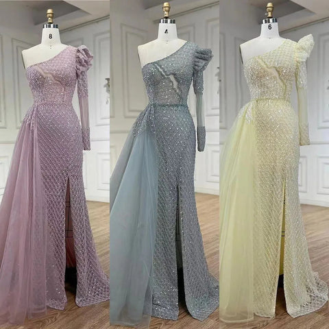 Robe de soirée sirène rose élégante, asymétrique épaule dénudée, perlée, luxueuse, pour femme, tenue de mariage, 2025, LA72561 