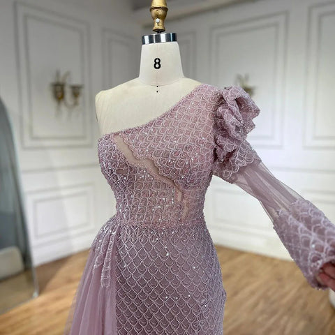 Robe de soirée sirène rose élégante, asymétrique épaule dénudée, perlée, luxueuse, pour femme, tenue de mariage, 2025, LA72561 