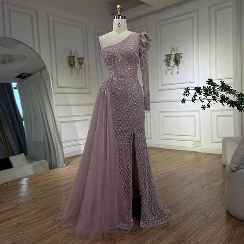 Robe de soirée sirène rose élégante, asymétrique épaule dénudée, perlée, luxueuse, pour femme, tenue de mariage, 2025, LA72561 