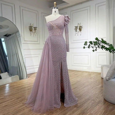 Robe de soirée sirène rose élégante, asymétrique épaule dénudée, perlée, luxueuse, pour femme, tenue de mariage, 2025, LA72561 