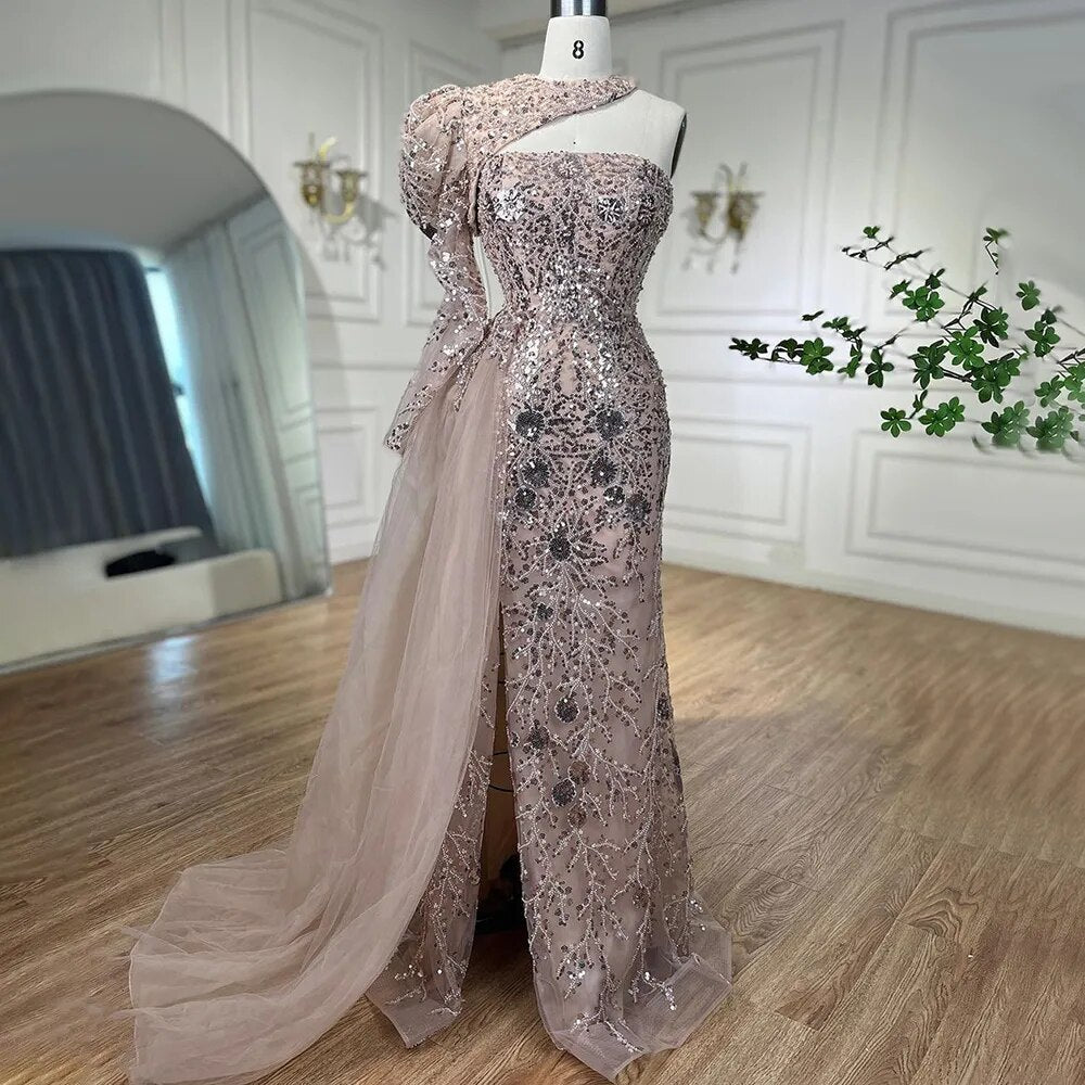 Arabic Pink Mermaid Elegant One Shoulder Beaded Split Evening Dresses Gowns 2025 For Women Wedding Party LA72188