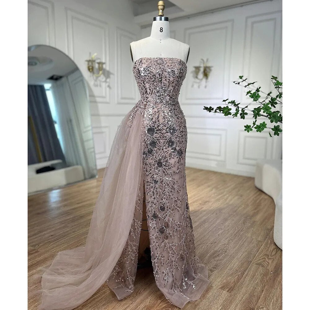 Arabic Pink Mermaid Elegant One Shoulder Beaded Split Evening Dresses Gowns 2025 For Women Wedding Party LA72188