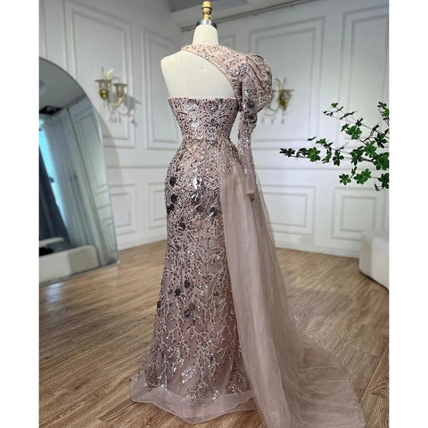 Robe de soirée sirène rose élégante, asymétrique, fendue, avec perles, pour femme, tenue de mariage, modèle 2025, LA72188 