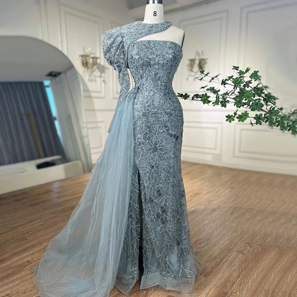 Arabic Pink Mermaid Elegant One Shoulder Beaded Split Evening Dresses Gowns 2025 For Women Wedding Party LA72188
