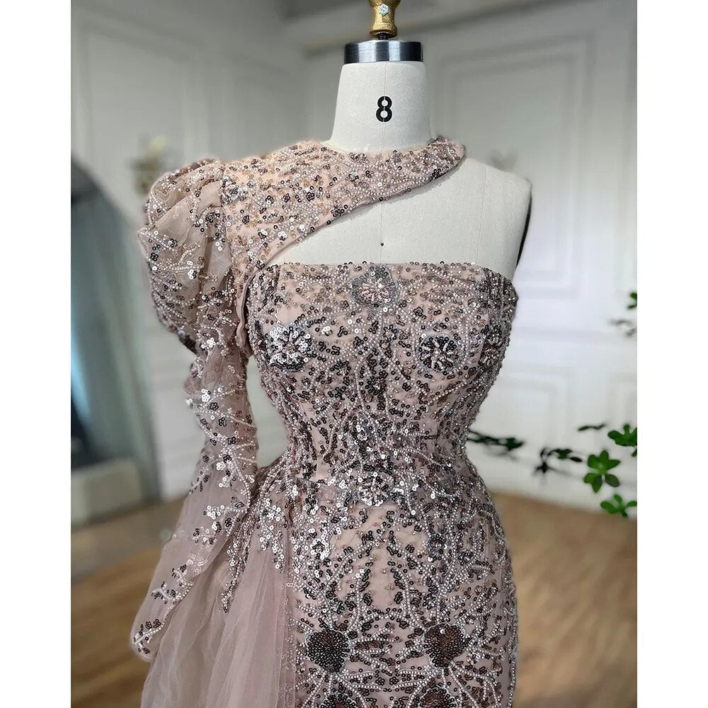 Robe de soirée sirène rose élégante, asymétrique, fendue, avec perles, pour femme, tenue de mariage, modèle 2025, LA72188 
