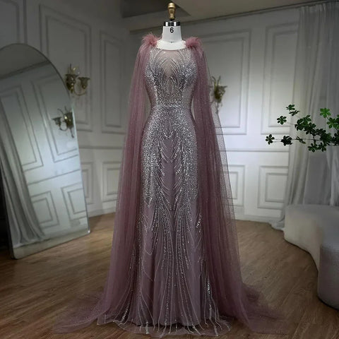 Robe de soirée sirène rose arabe avec plumes élégantes et luxueuses, manches cape perlées, pour soirée femme 2025 LA71709A 