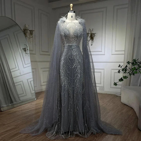 Robe de soirée sirène rose arabe avec plumes élégantes et luxueuses, manches cape perlées, pour soirée femme 2025 LA71709A 
