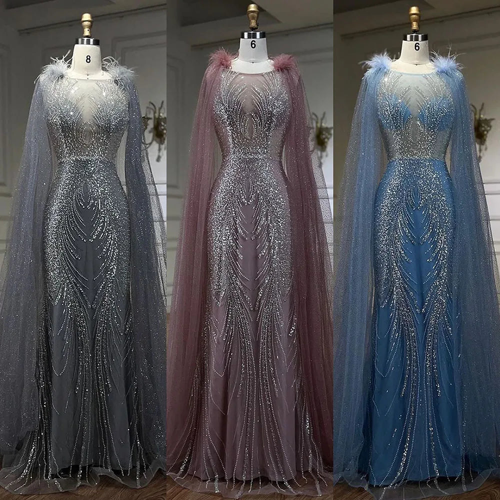 Vestido de noche árabe rosa estilo sirena con elegantes mangas tipo capa con plumas y cuentas para mujer, ideal para fiestas (2025) LA71709A 