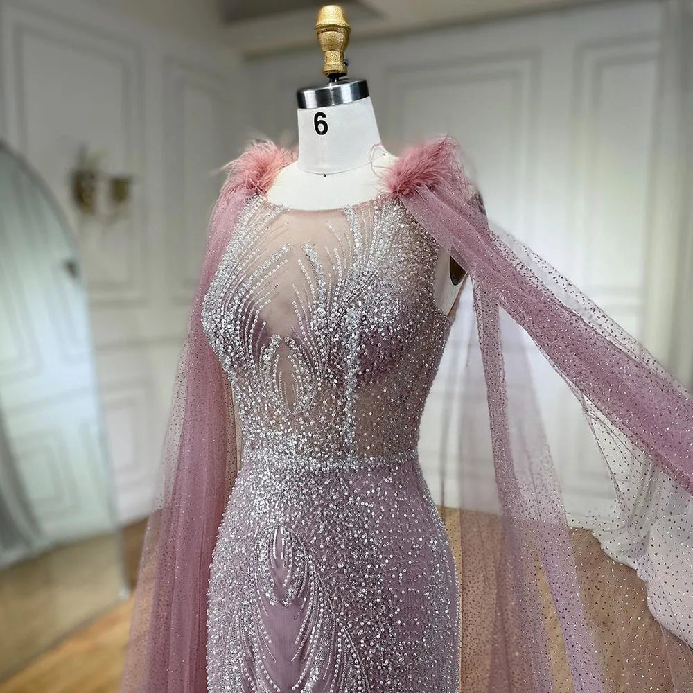 Arabic Pink Mermaid Evening Dress with Elegant Luxury Feathers Beaded Cape Sleeves for Women's Party 2025 LA71709A