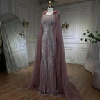 Vestido de noche árabe rosa estilo sirena con elegantes mangas tipo capa con plumas y cuentas para mujer, ideal para fiestas (2025) LA71709A 