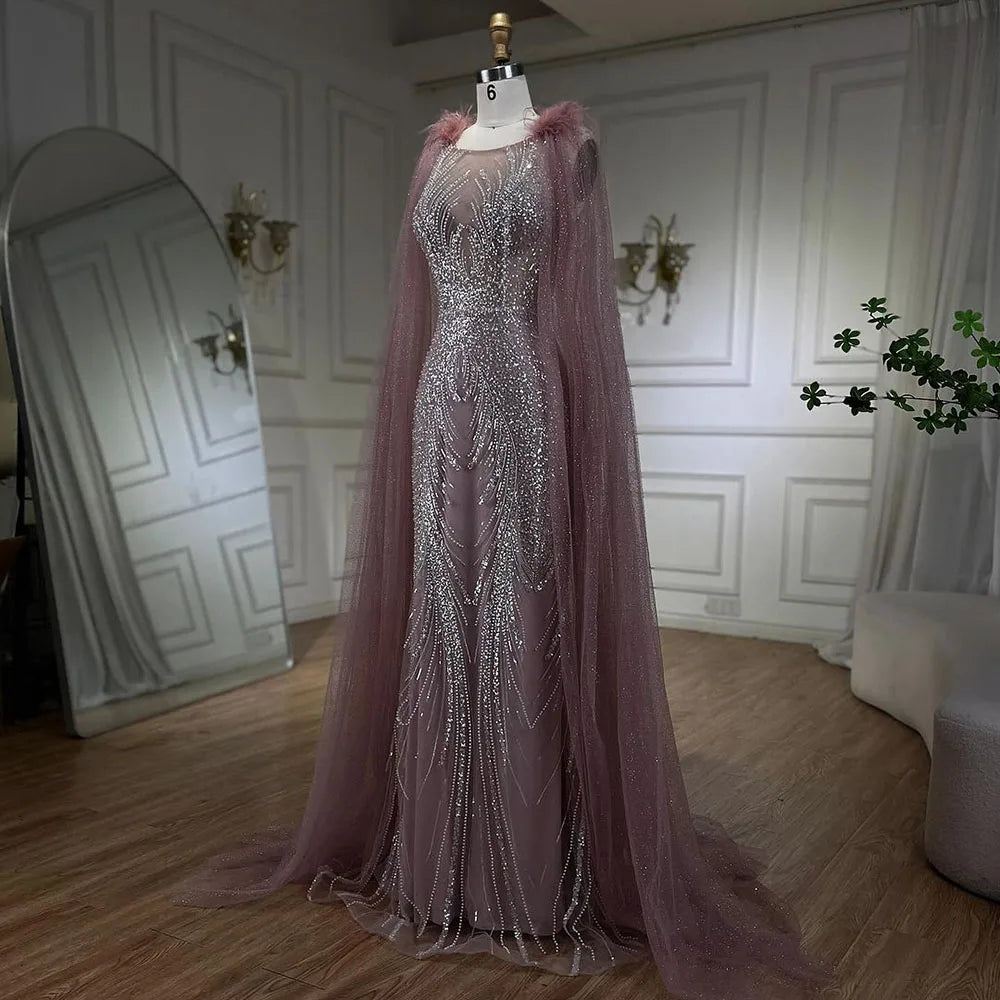 Arabic Pink Mermaid Evening Dress with Elegant Luxury Feathers Beaded Cape Sleeves for Women's Party 2025 LA71709A