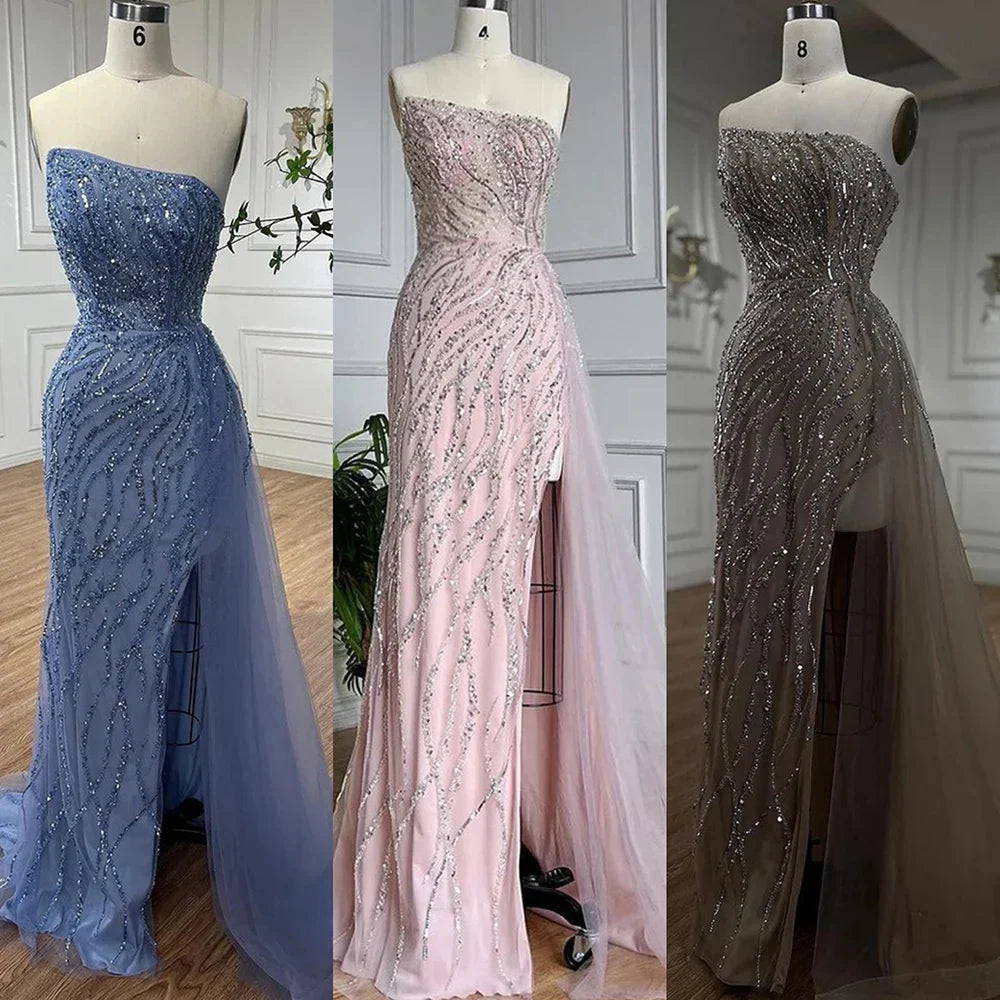 Arabic Pink Mermaid Luxury  Beaded Strapless Elegant Evening Dresses Gowns 2025 For Women Party LA71795