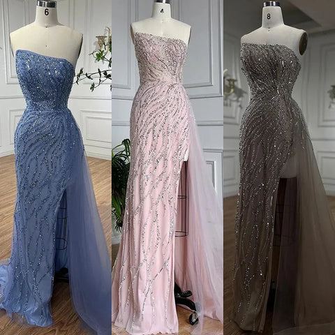 Arabic Pink Mermaid Luxury  Beaded Strapless Elegant Evening Dresses Gowns 2025 For Women Party LA71795