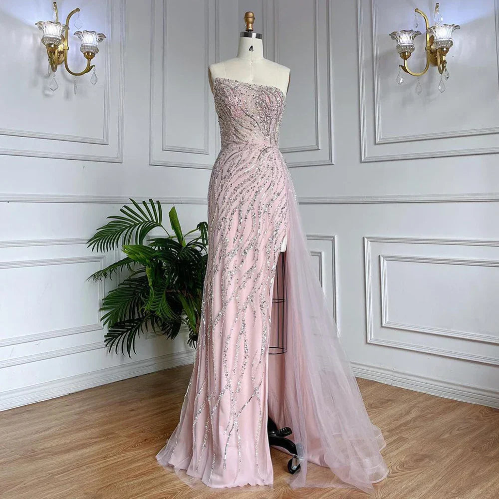 Arabic Pink Mermaid Luxury  Beaded Strapless Elegant Evening Dresses Gowns 2025 For Women Party LA71795