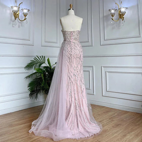 Arabic Pink Mermaid Luxury  Beaded Strapless Elegant Evening Dresses Gowns 2025 For Women Party LA71795