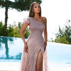 Robe de soirée sirène rose arabe asymétrique, sexy, fendue haute, avec perles, pour femmes, fête de mariage, 2025, LA71967 