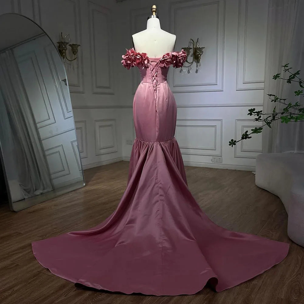 Arabic Pink Mermaid Satin Strapless Luxury Dubai Beaded Evening Dresses Gowns 2025 For Women Wedding Party LA72250