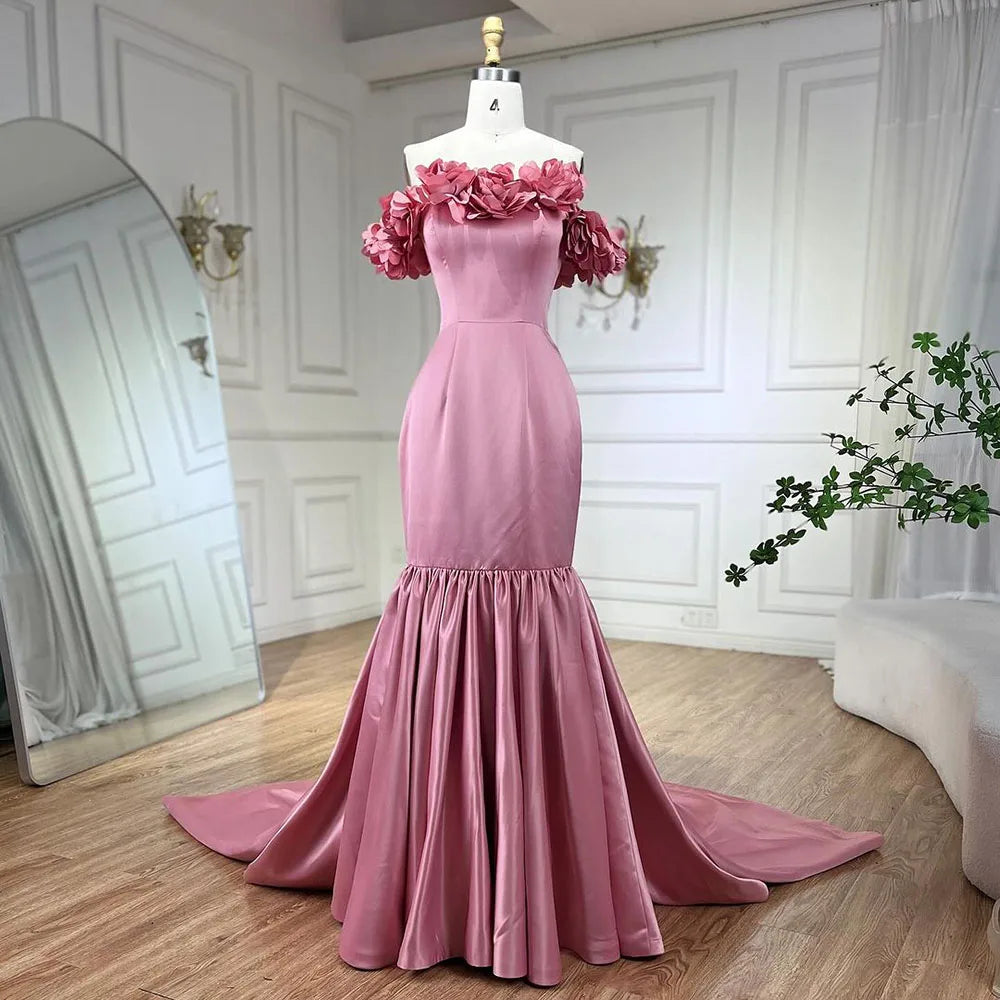 Arabic Pink Mermaid Satin Strapless Luxury Dubai Beaded Evening Dresses Gowns 2025 For Women Wedding Party LA72250