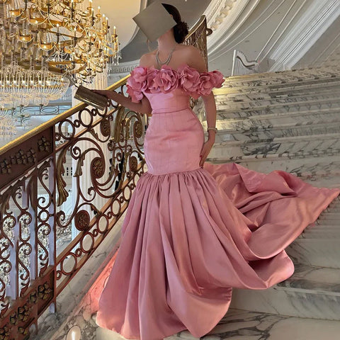 Robe de soirée sirène rose arabe en satin sans bretelles, luxueuse robe de soirée perlée de Dubaï, pour femmes, fête de mariage, LA72250, 2025 